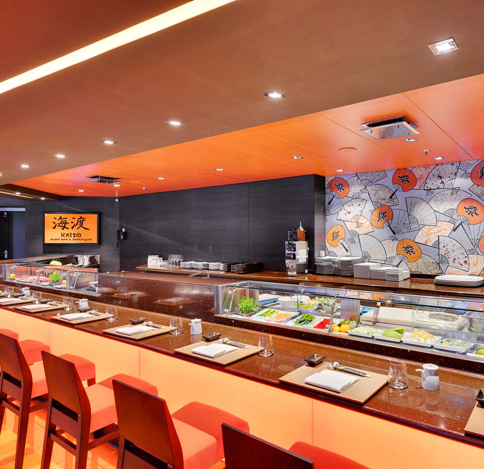Elegant sushi bar with traditional Japanese decor onboard MSC Cruises | MSC Cruises Elegant sushi bar with traditional Japanese decor onboard MSC Cruises | MSC Cruises